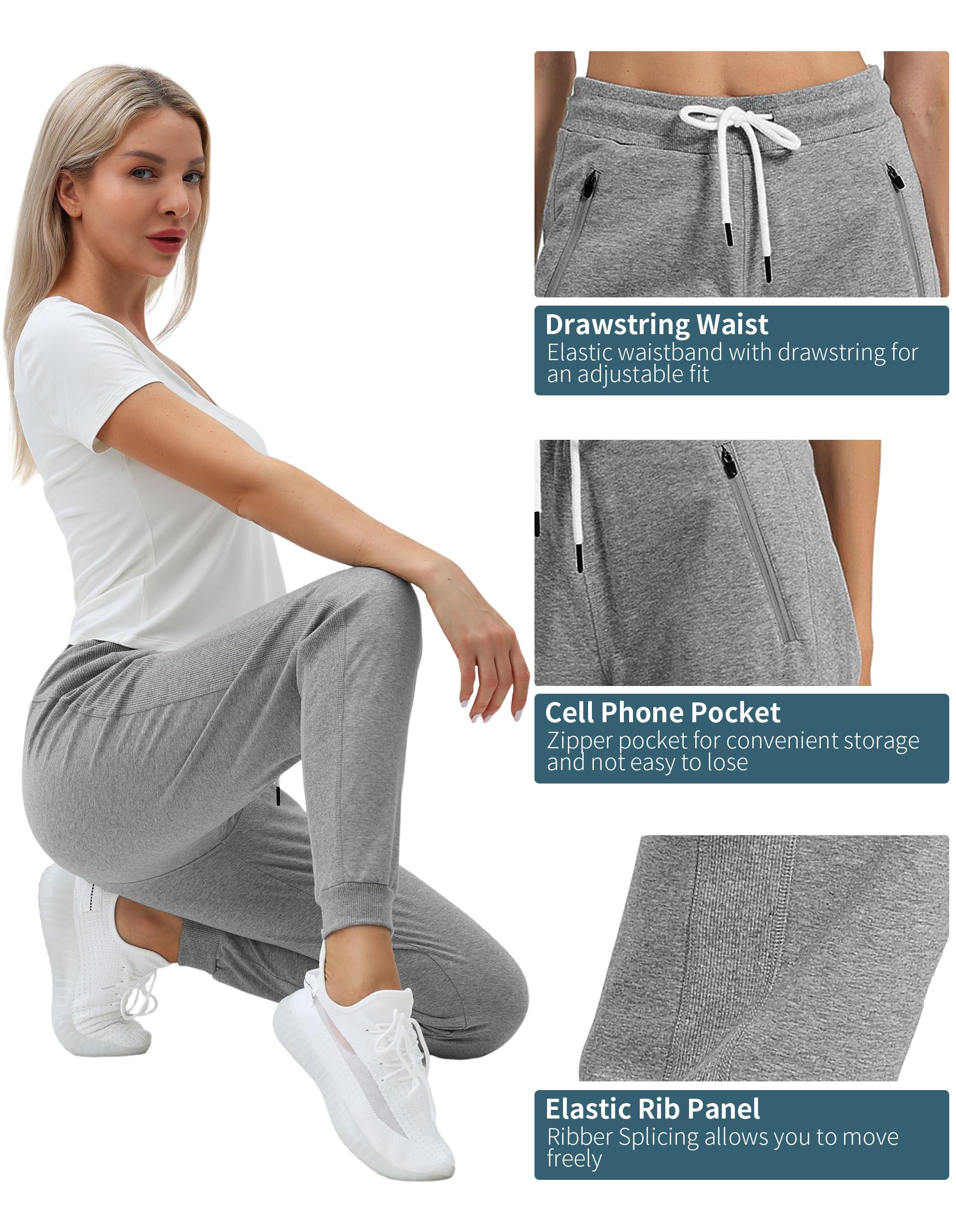 PULI Women Workout Sweatpants Cotton Jogger Ribber Splicing Lounge Sweat Pants with Zipper Pocket - Image 3